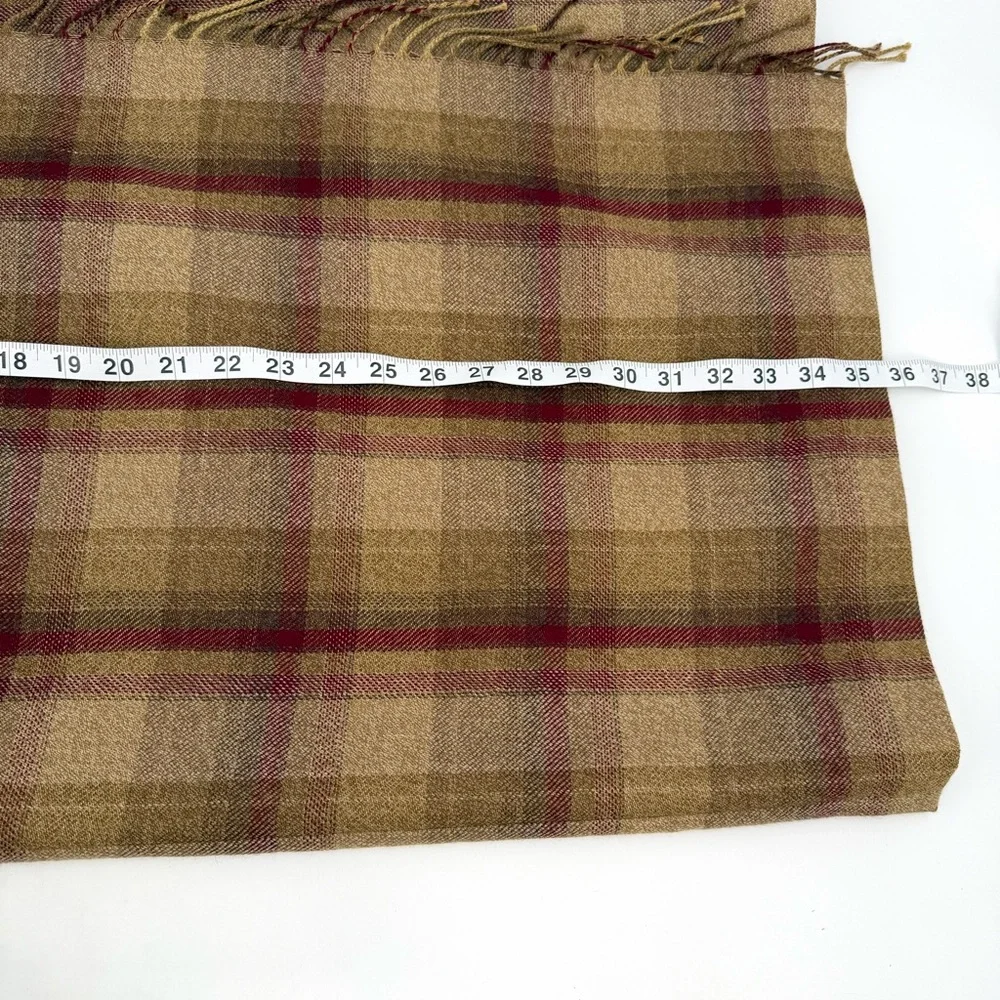 Talbots Wrap Skirt Womens 8 Tan Burgundy Tartan Plaid Wool Fringed Long VTG READ